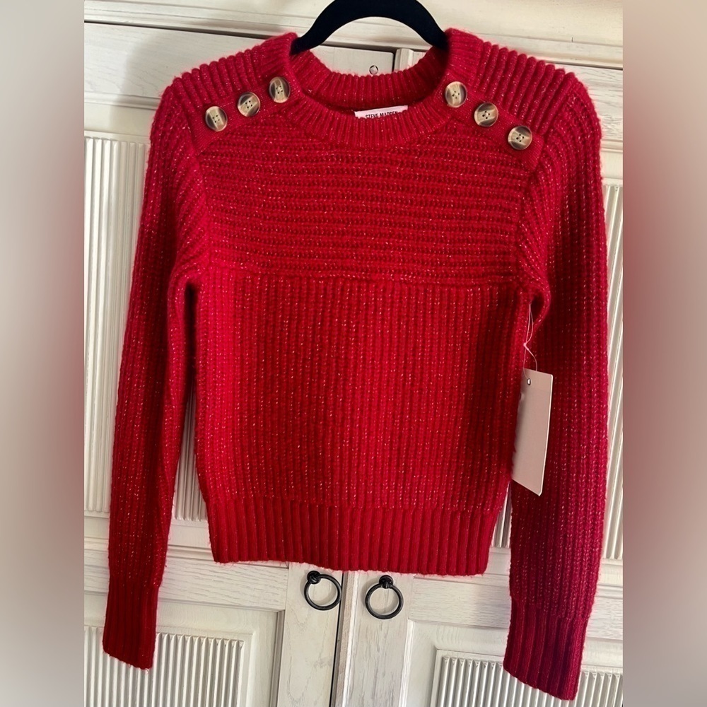 STEVE MADDEN Red Crewneck Sweater with Button Details, S